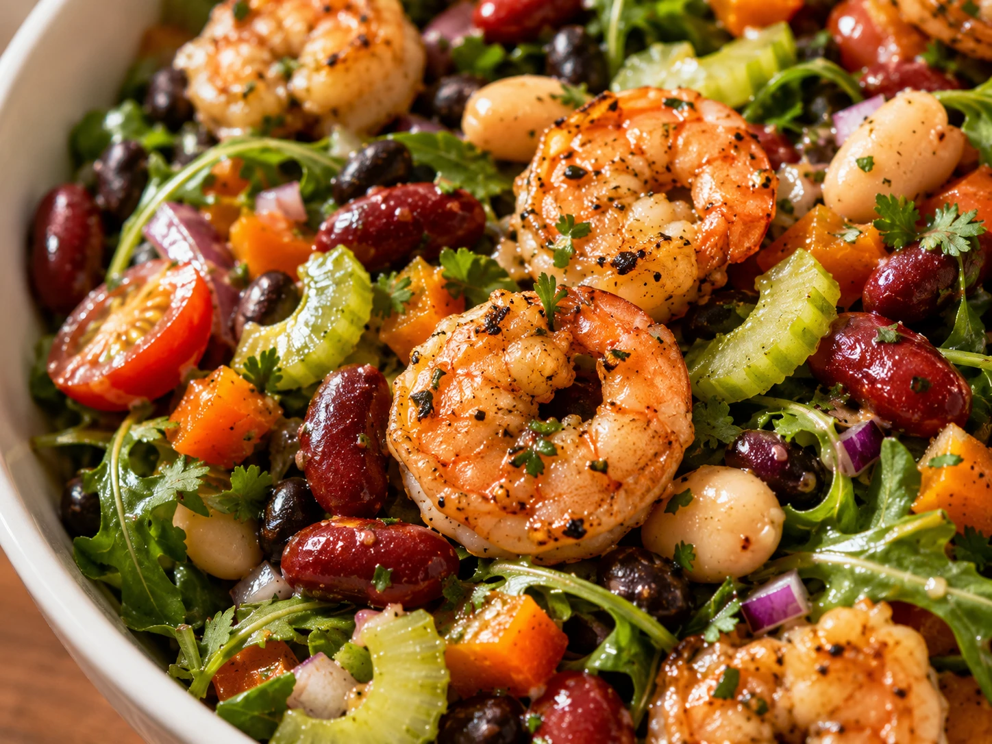 Three-Bean Salad with Grilled Shrimp close up