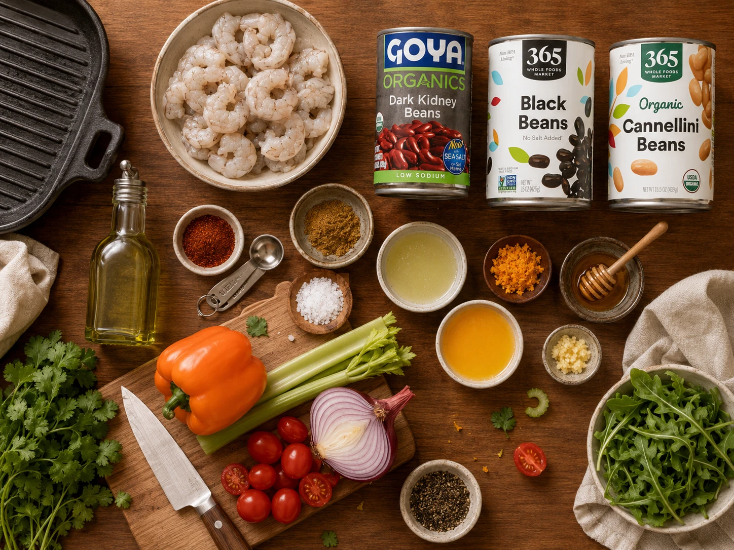 Three-Bean Salad with Grilled Shrimp preparation