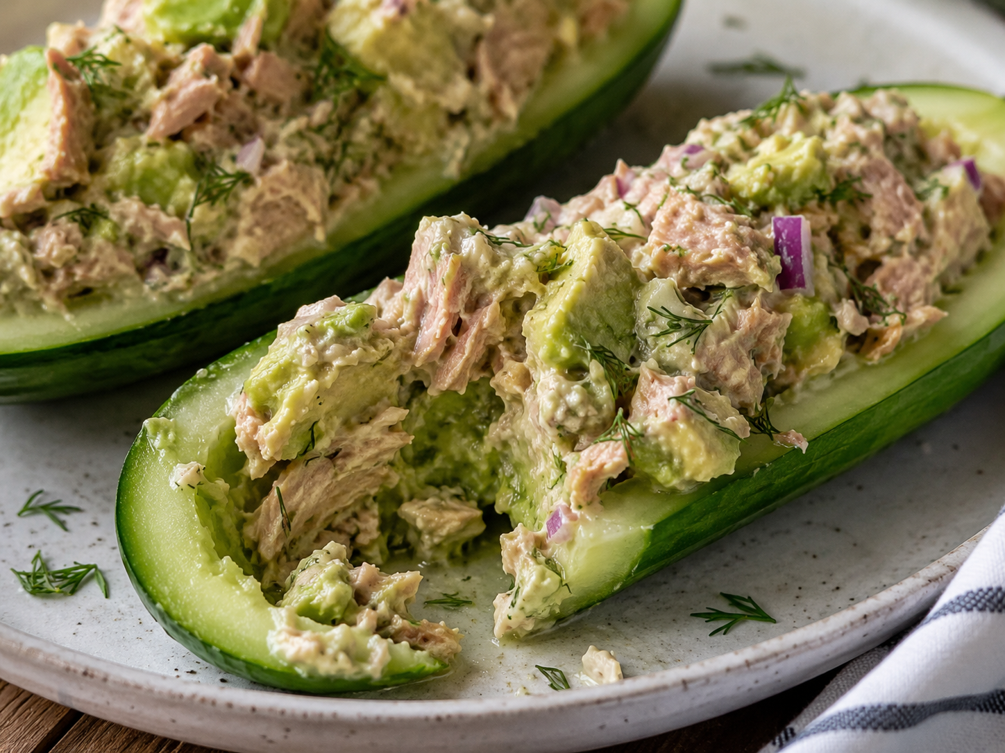 Tuna Avocado Cucumber Boats close up