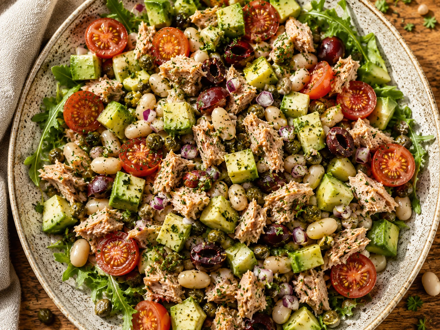 Tuna Avocado White Bean Salad preparation