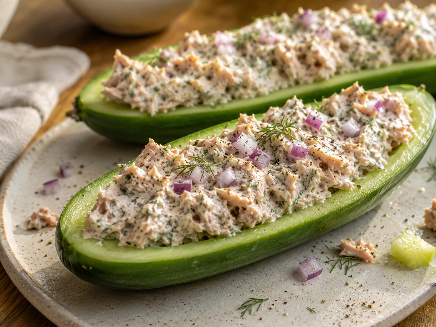 Tuna Cucumber Snack Boats close up