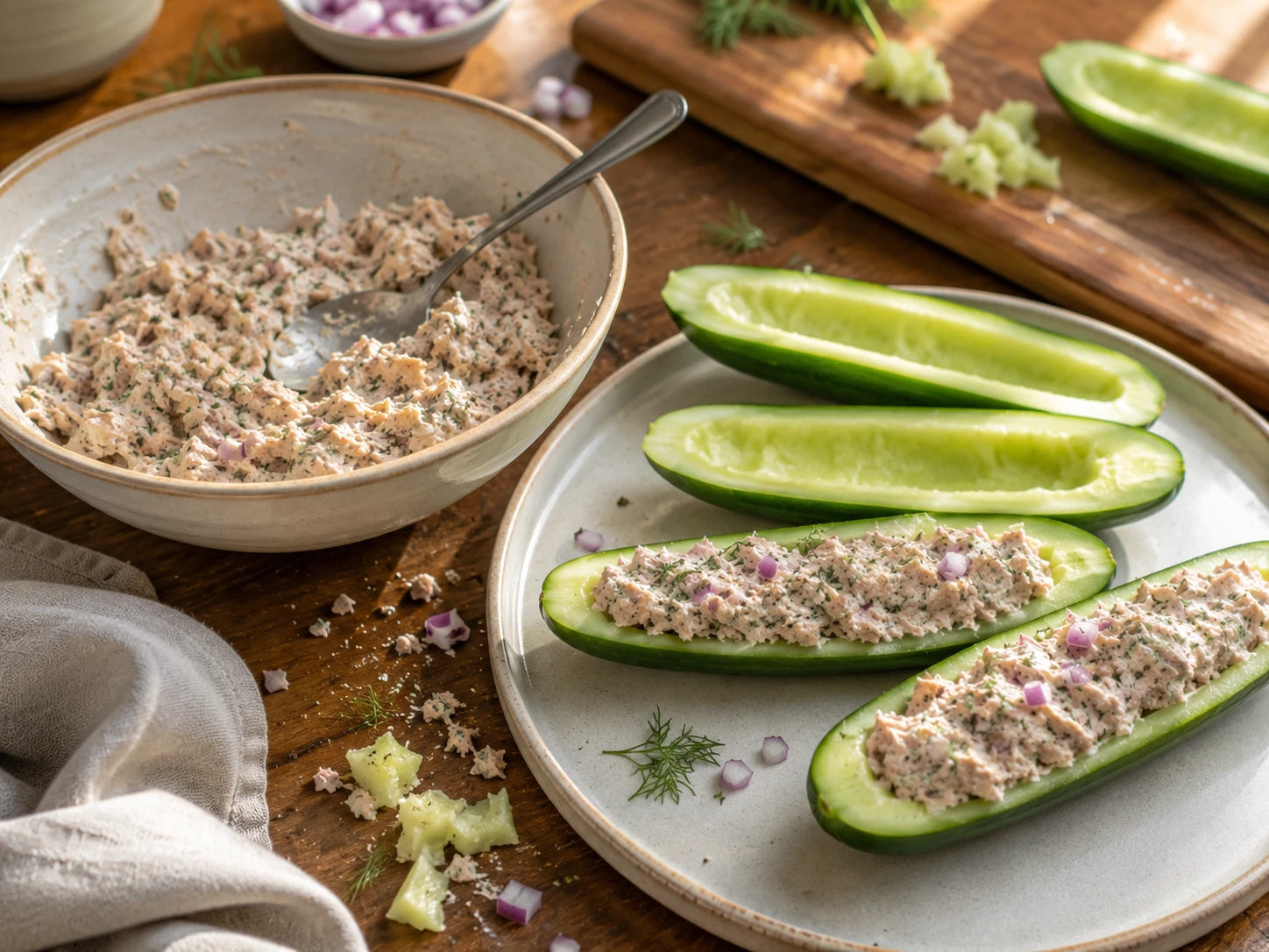 Tuna Cucumber Snack Boats preparation