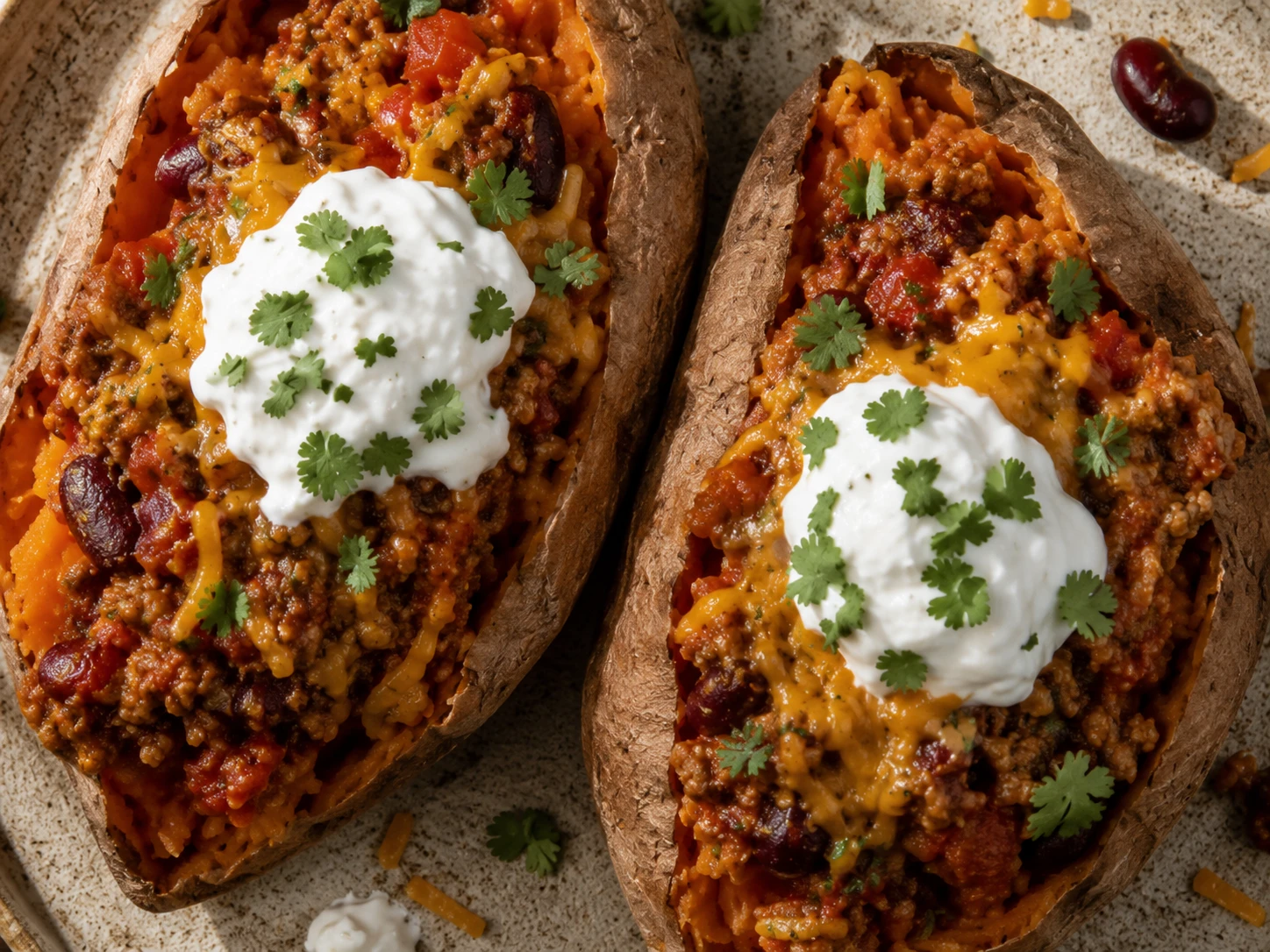 Turkey Chili Stuffed Sweet Potatoes aerial view