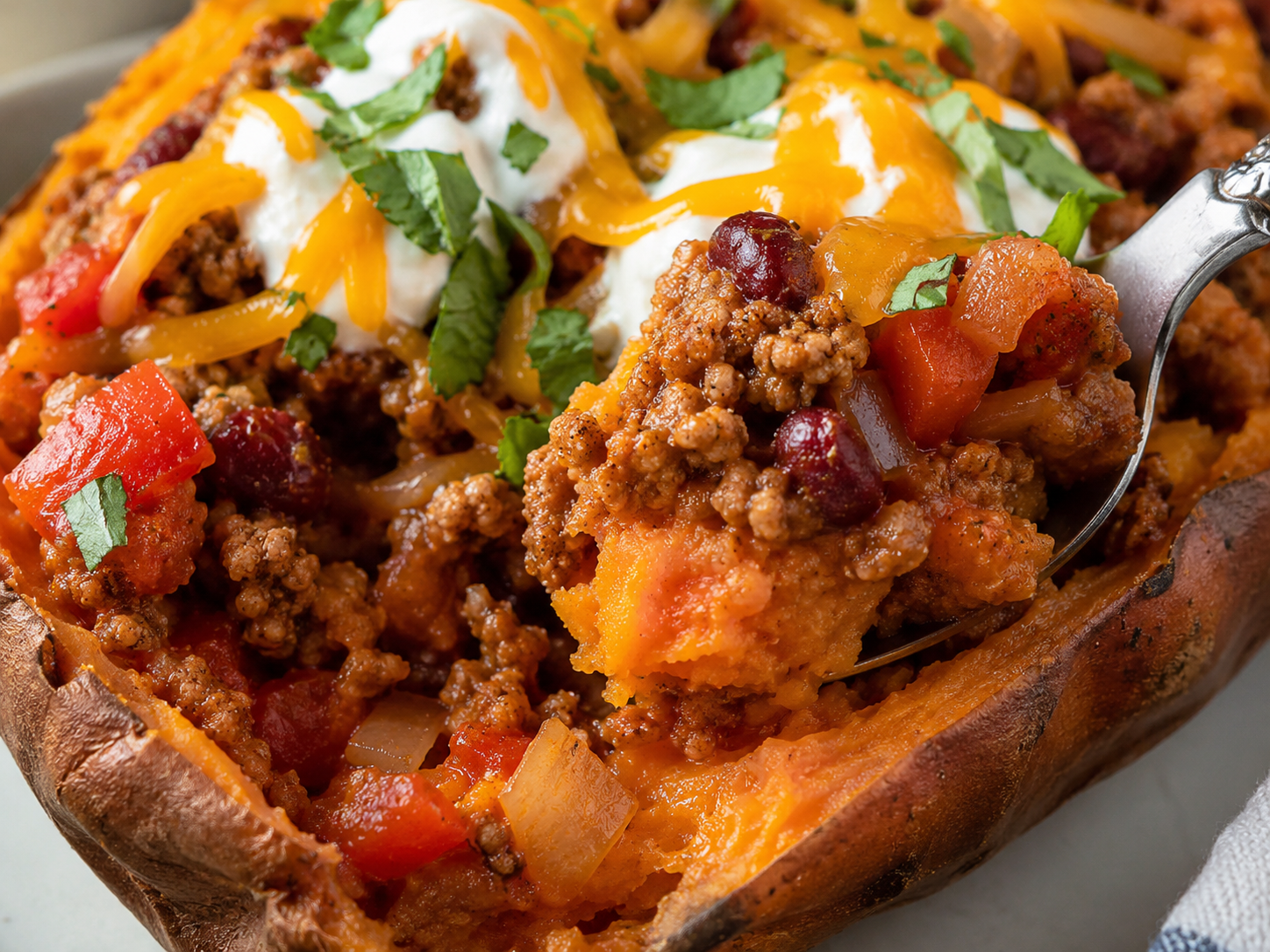 Turkey Chili Stuffed Sweet Potatoes close up