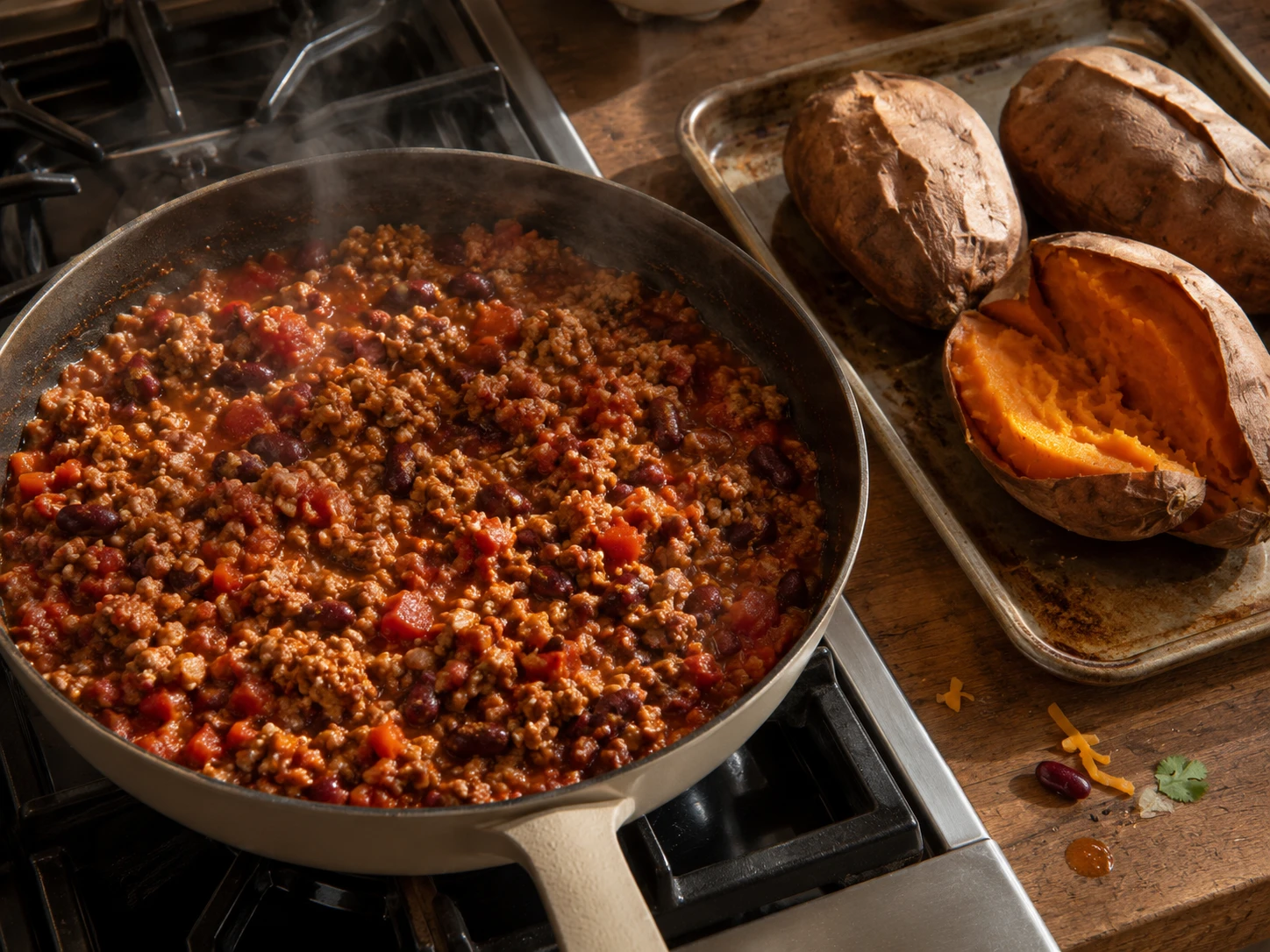 Turkey Chili Stuffed Sweet Potatoes preparation