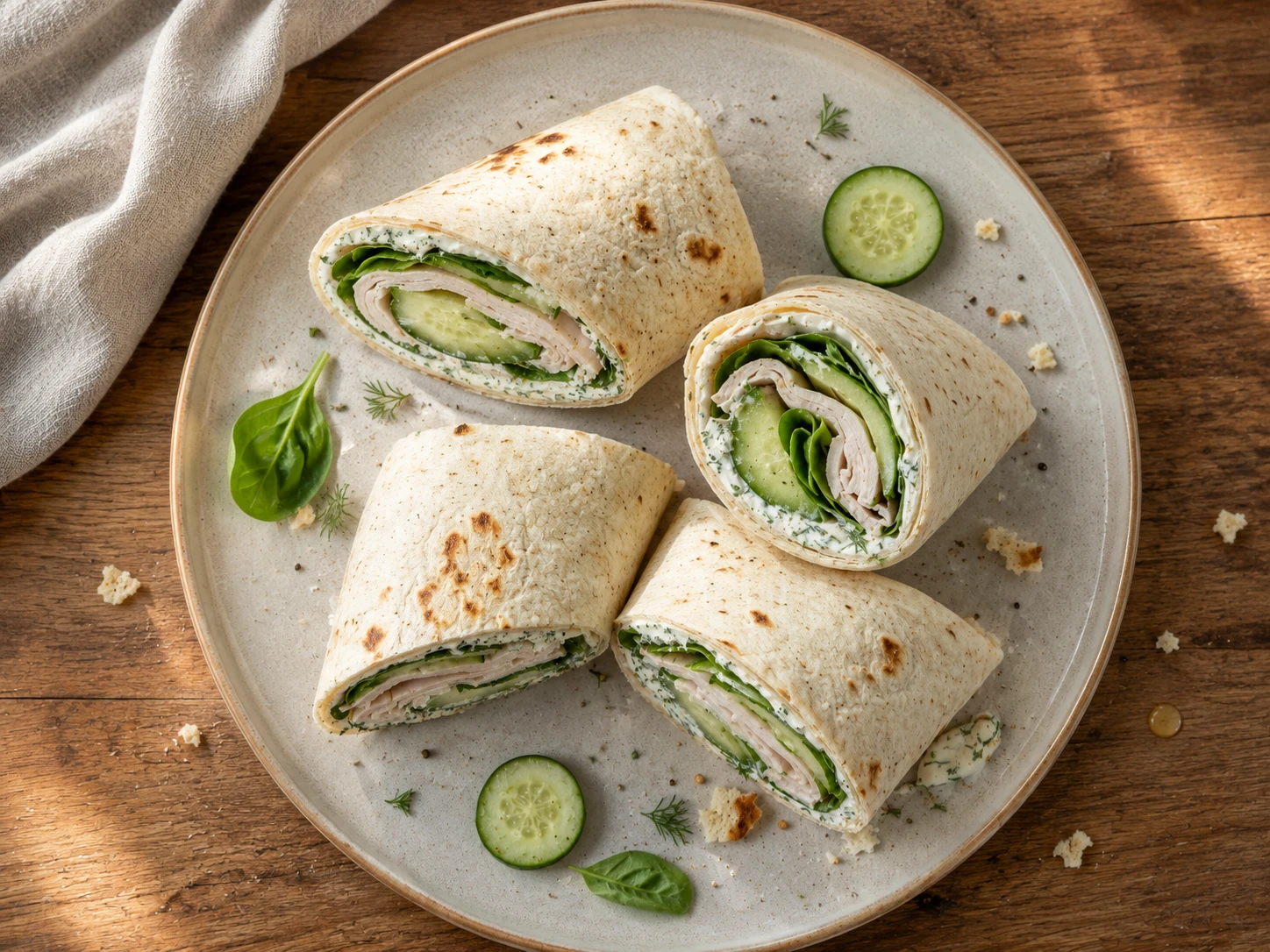 Turkey Cucumber Cream Cheese Wraps aerial view