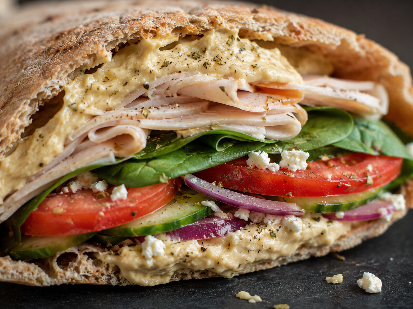 Turkey Hummus Veggie Pita close up