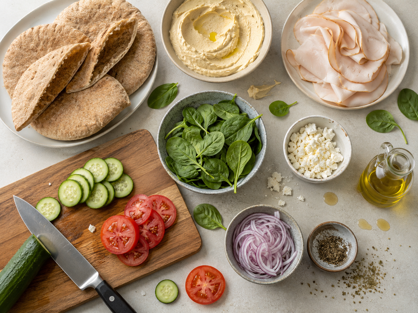 Turkey Hummus Veggie Pita preparation