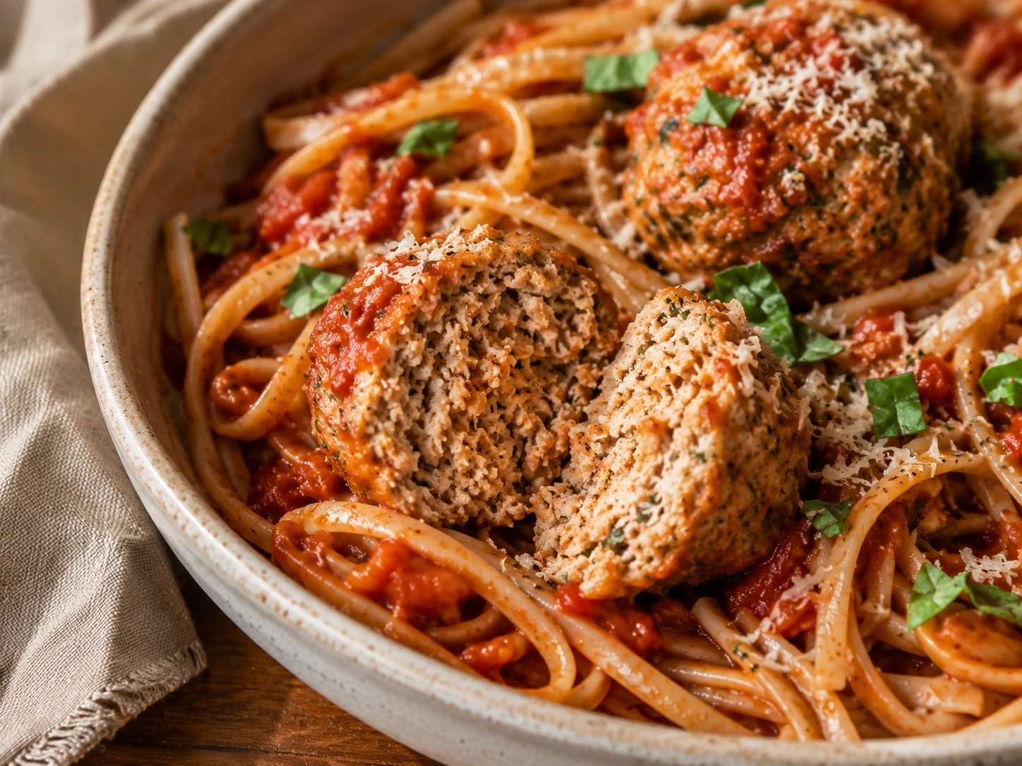 Turkey Meatball Protein Pasta close up