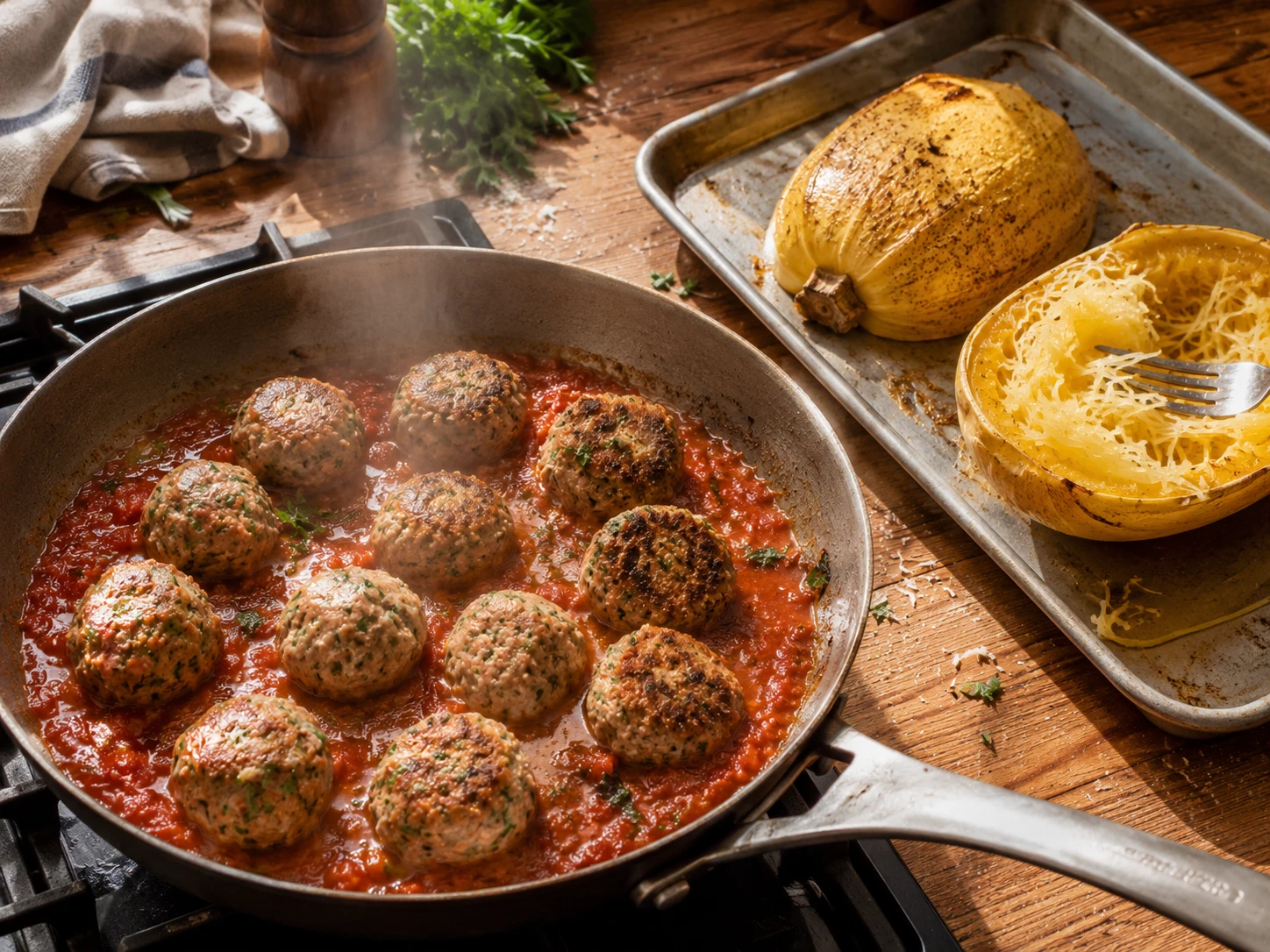 Turkey Meatball Spaghetti Squash Bowls preparation