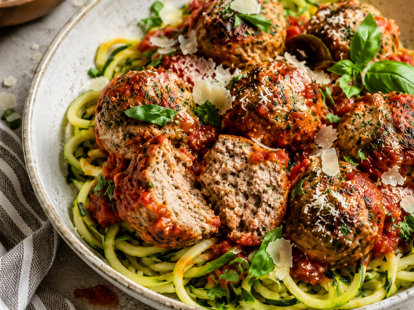 Turkey Meatball Zucchini Noodle Bowl close up