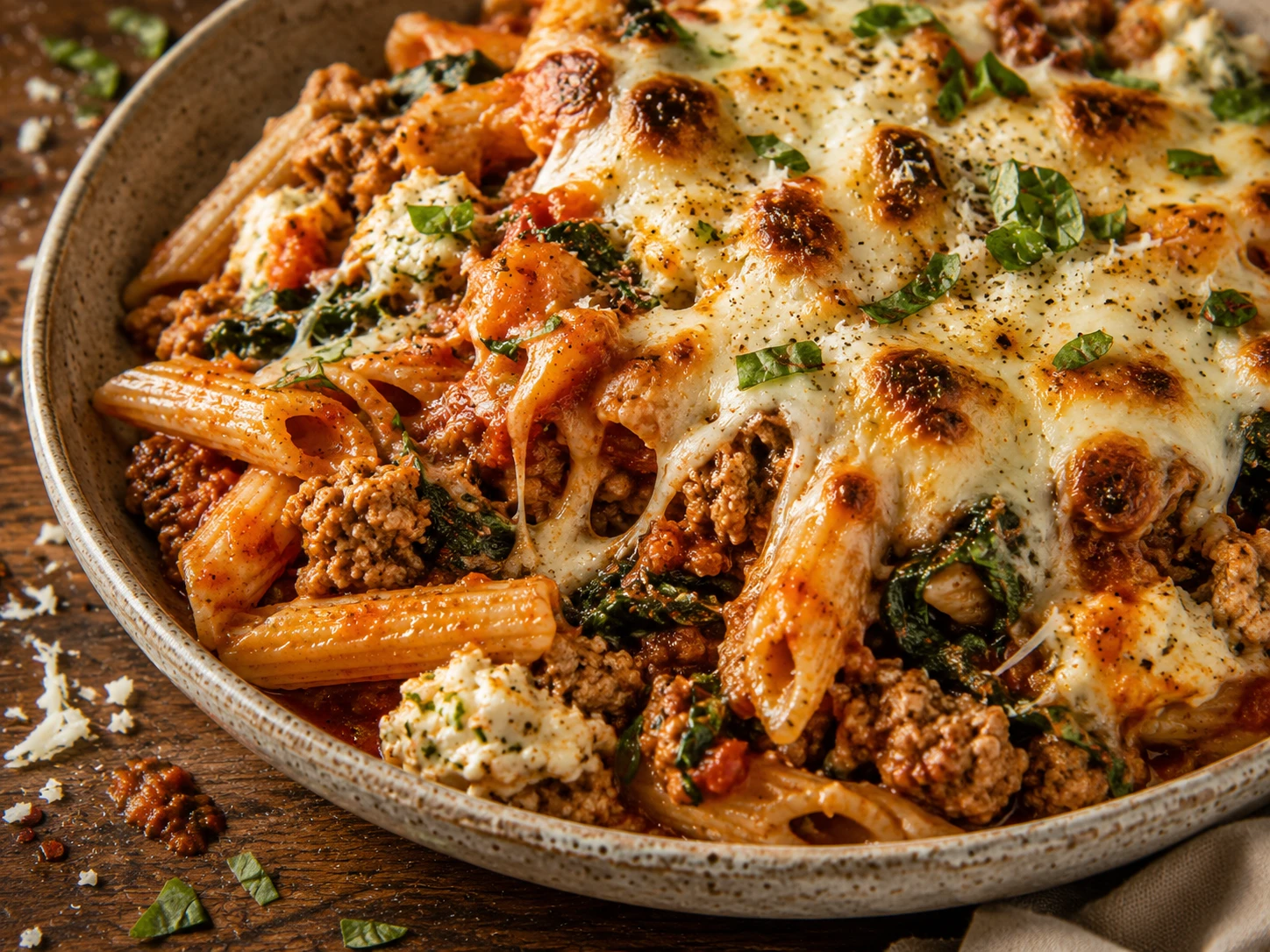 Turkey Parmesan Pasta Bake close up