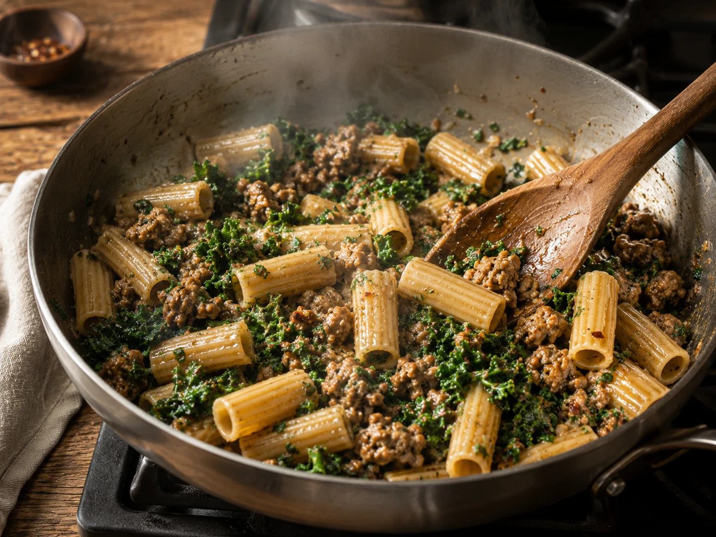 Turkey Sausage Kale Pasta preparation