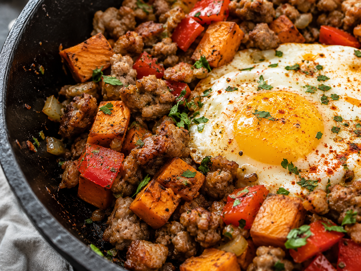 Turkey Sausage Sweet Potato Egg Skillet close up