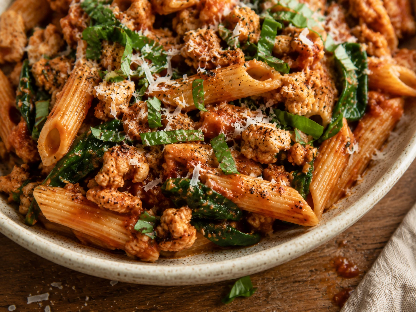 Turkey Spinach Protein Pasta close up