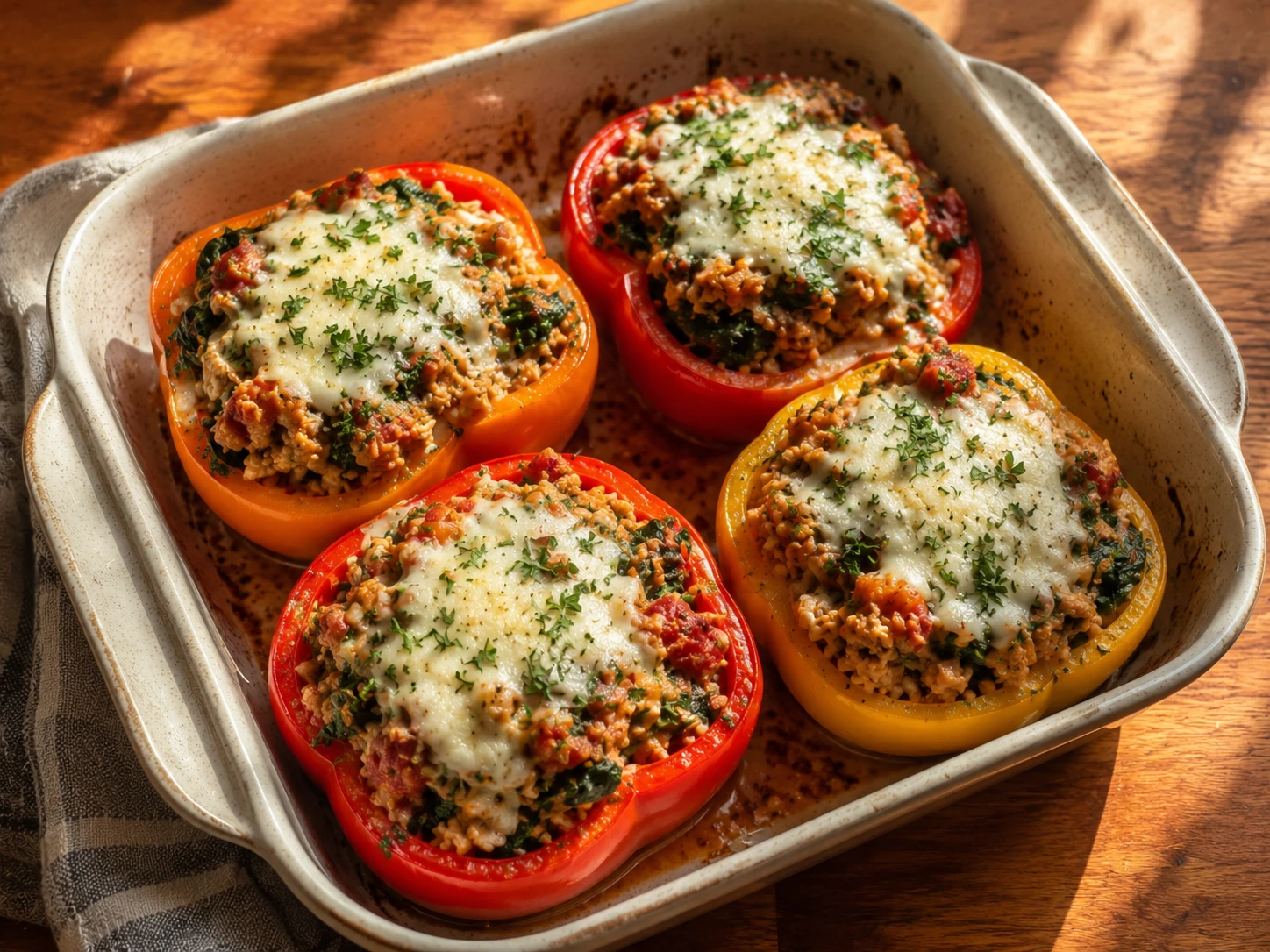 Turkey Spinach Stuffed Peppers aerial view