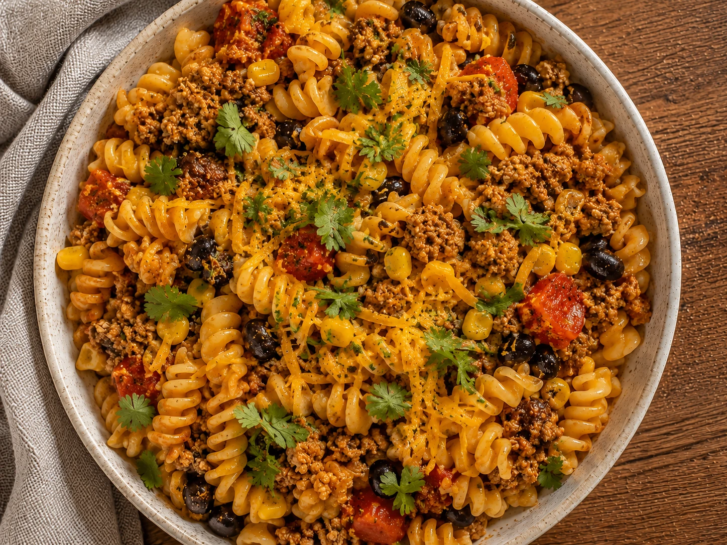 Turkey Taco Pasta Bowl aerial view