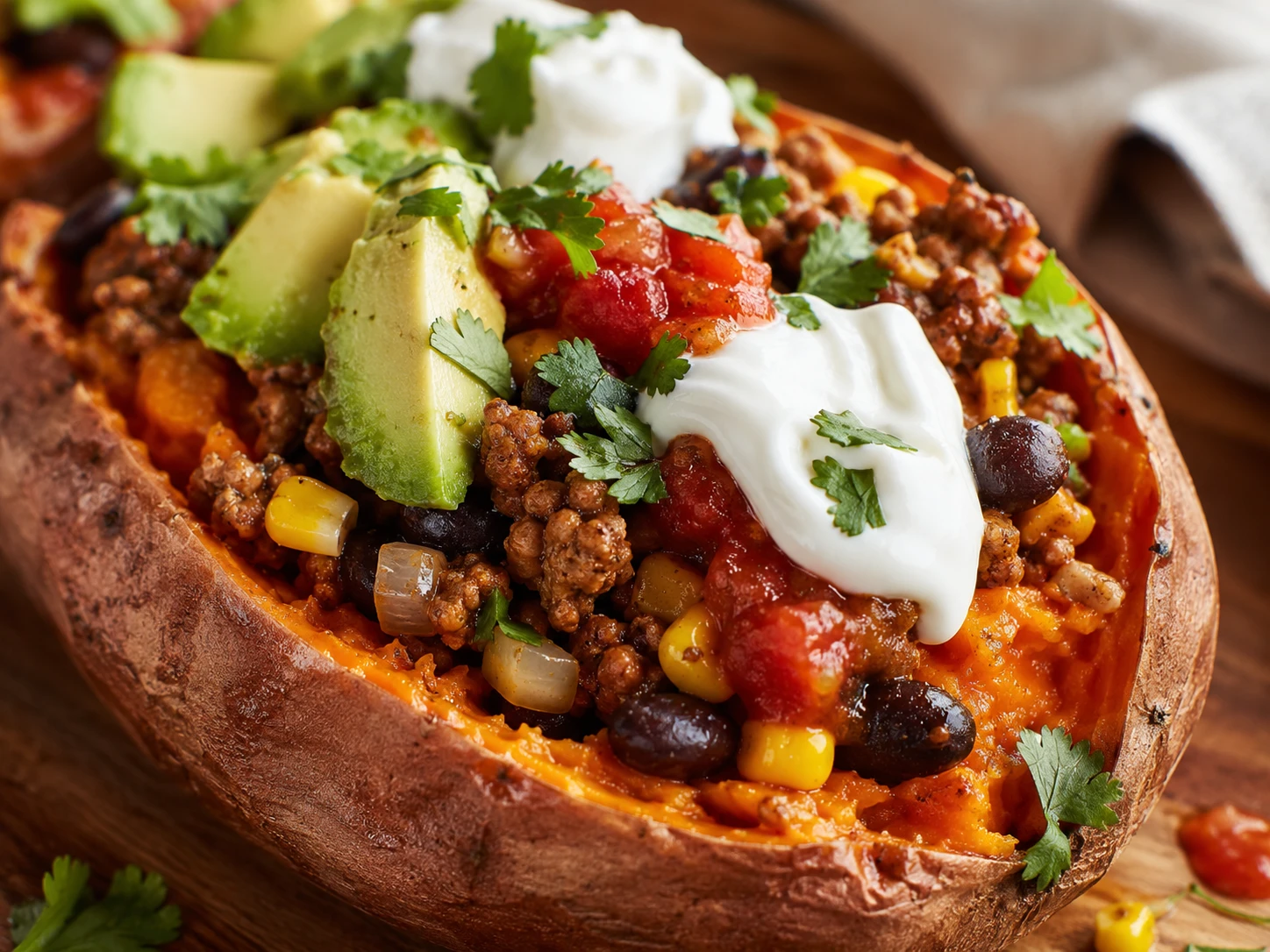 Turkey Taco Stuffed Sweet Potatoes close up