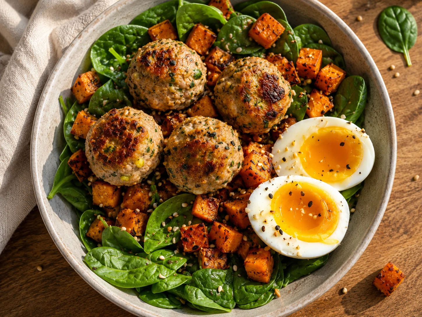 Turkey Veggie Breakfast Meatball Bowl aerial view