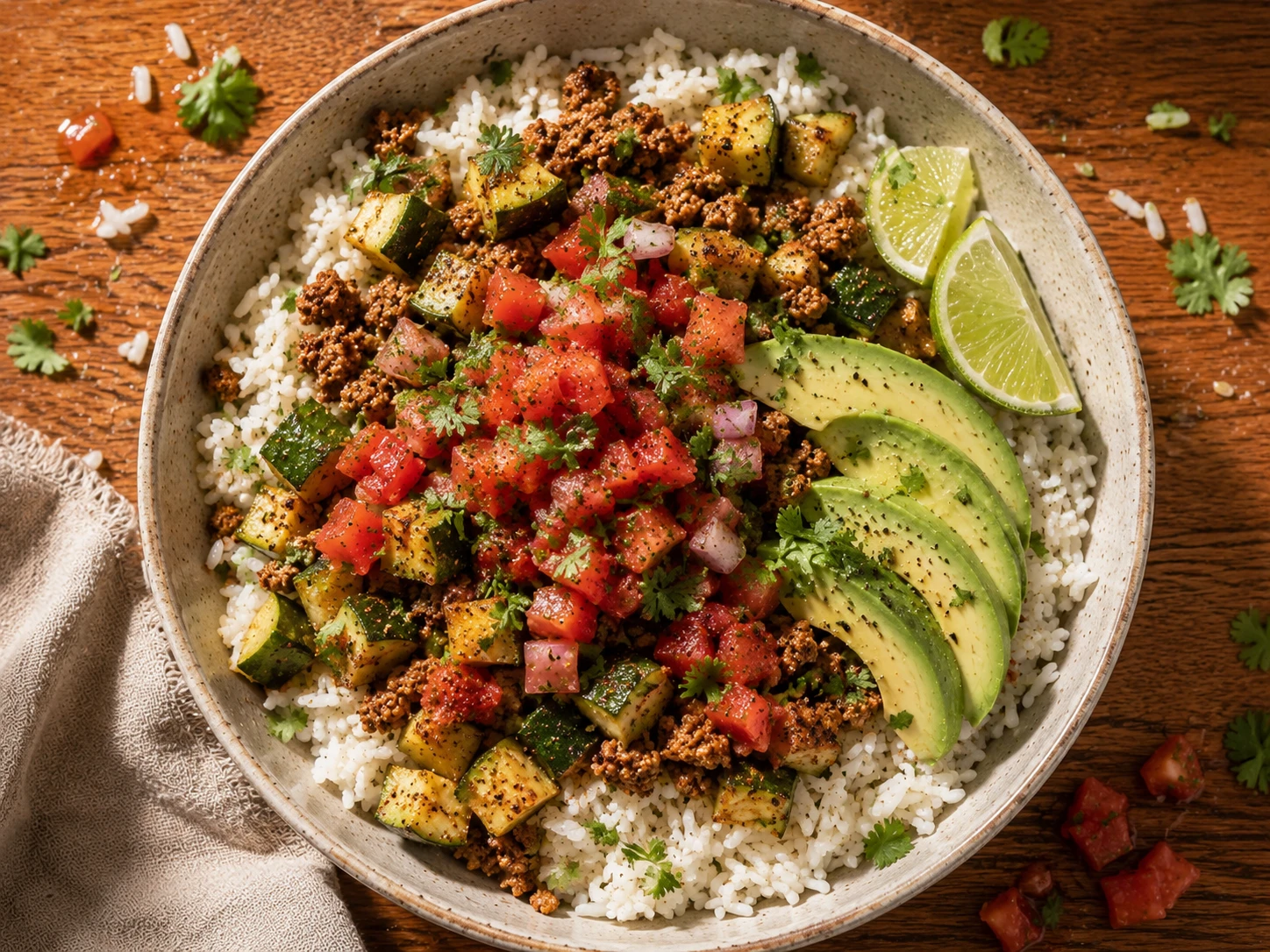 Turkey Zucchini Taco Bowl aerial view