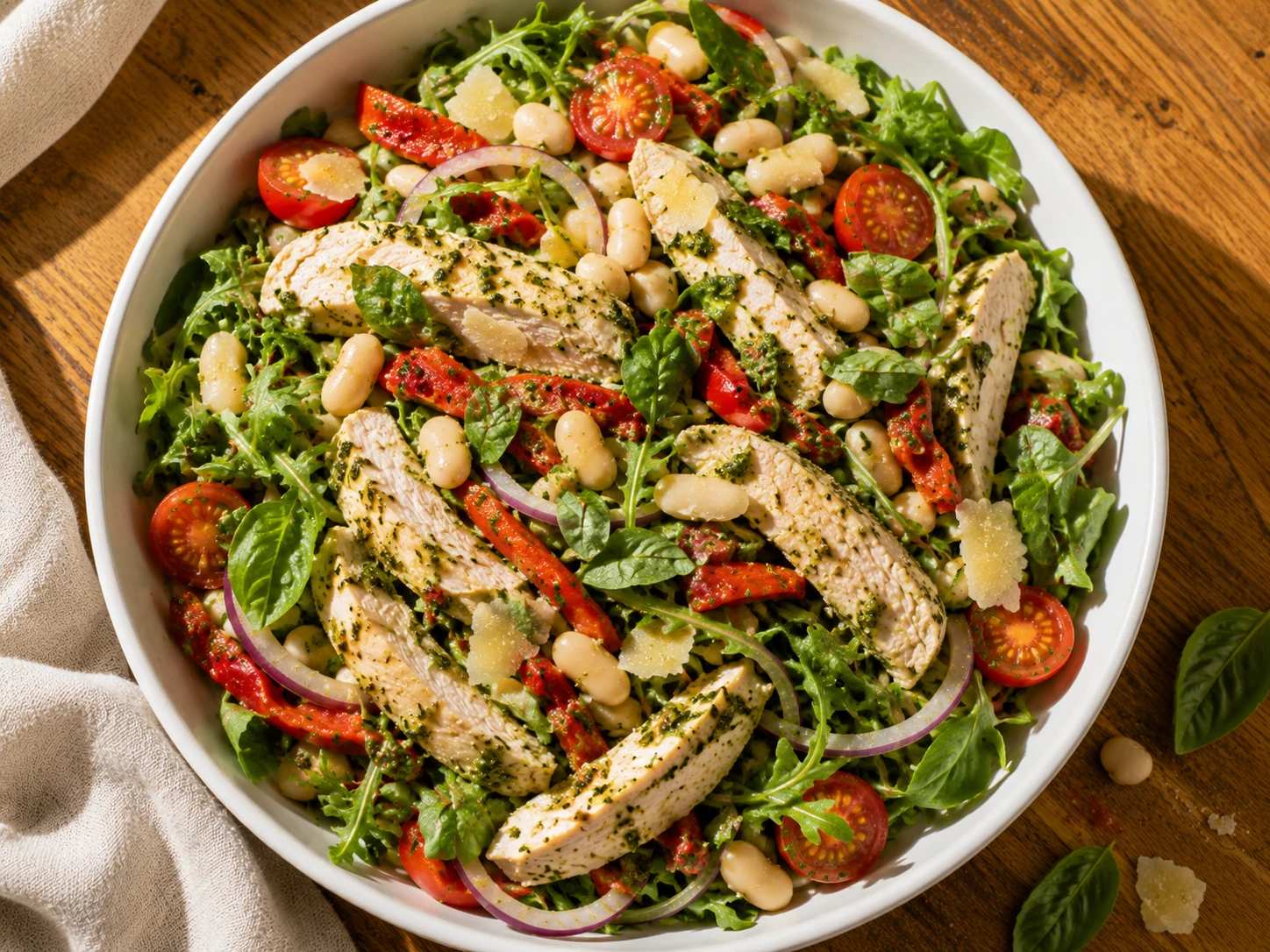 Tuscan White Bean Chicken Pesto Salad aerial view