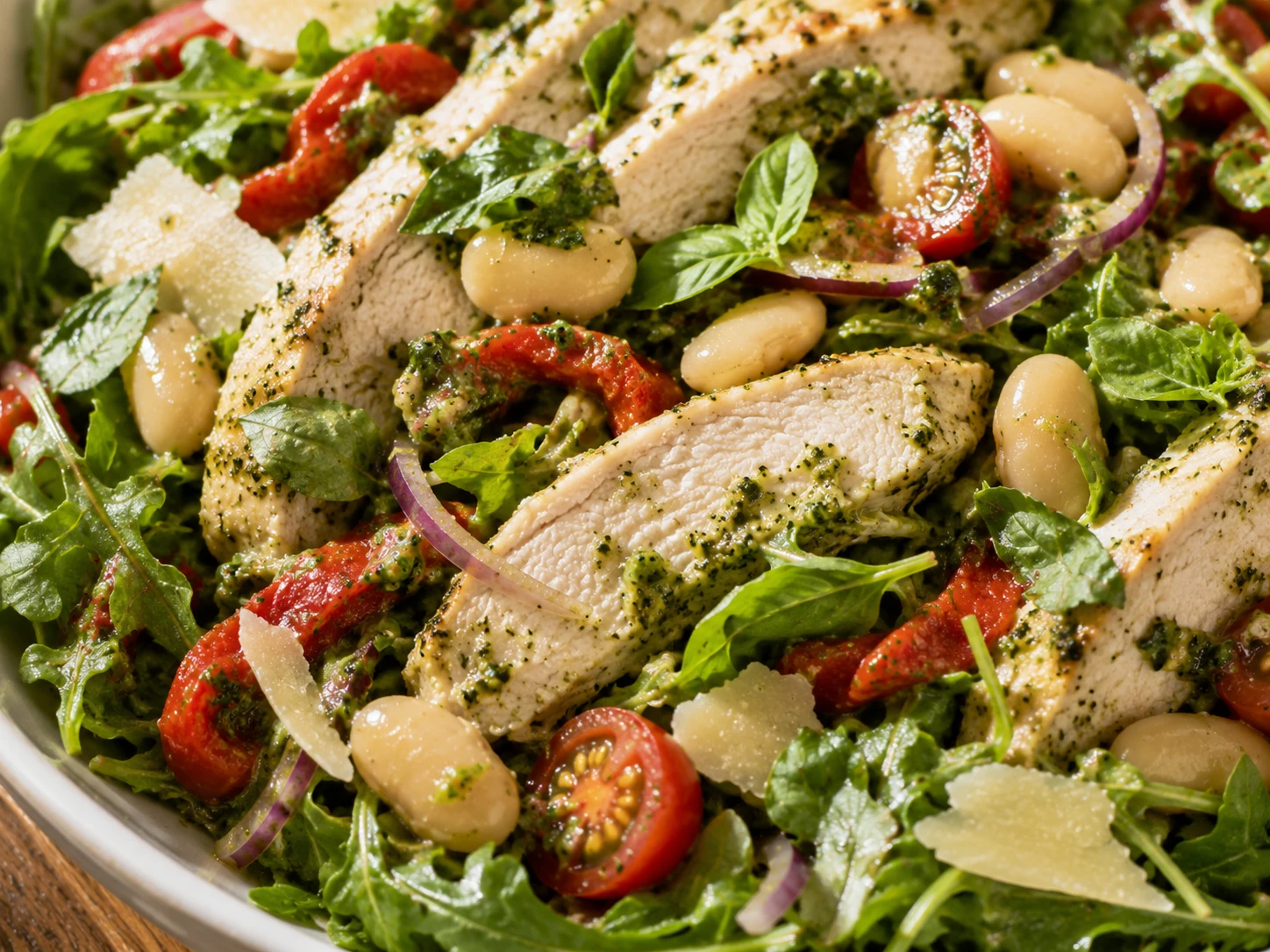 Tuscan White Bean Chicken Pesto Salad close up