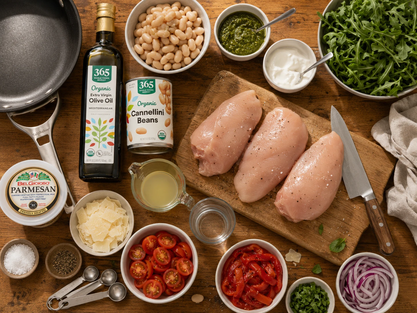 Tuscan White Bean Chicken Pesto Salad preparation