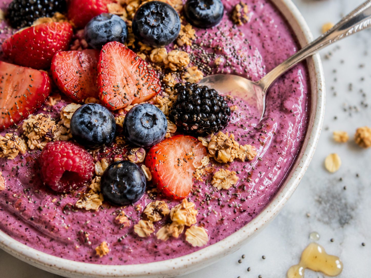 Vanilla Berry Cottage Cheese Smoothie Bowl close up