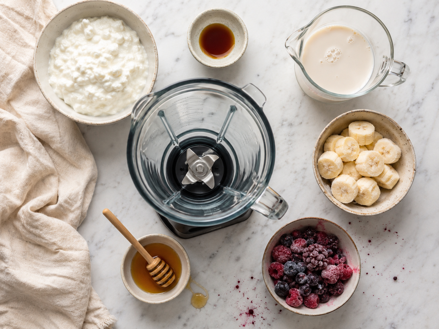 Vanilla Berry Cottage Cheese Smoothie Bowl preparation