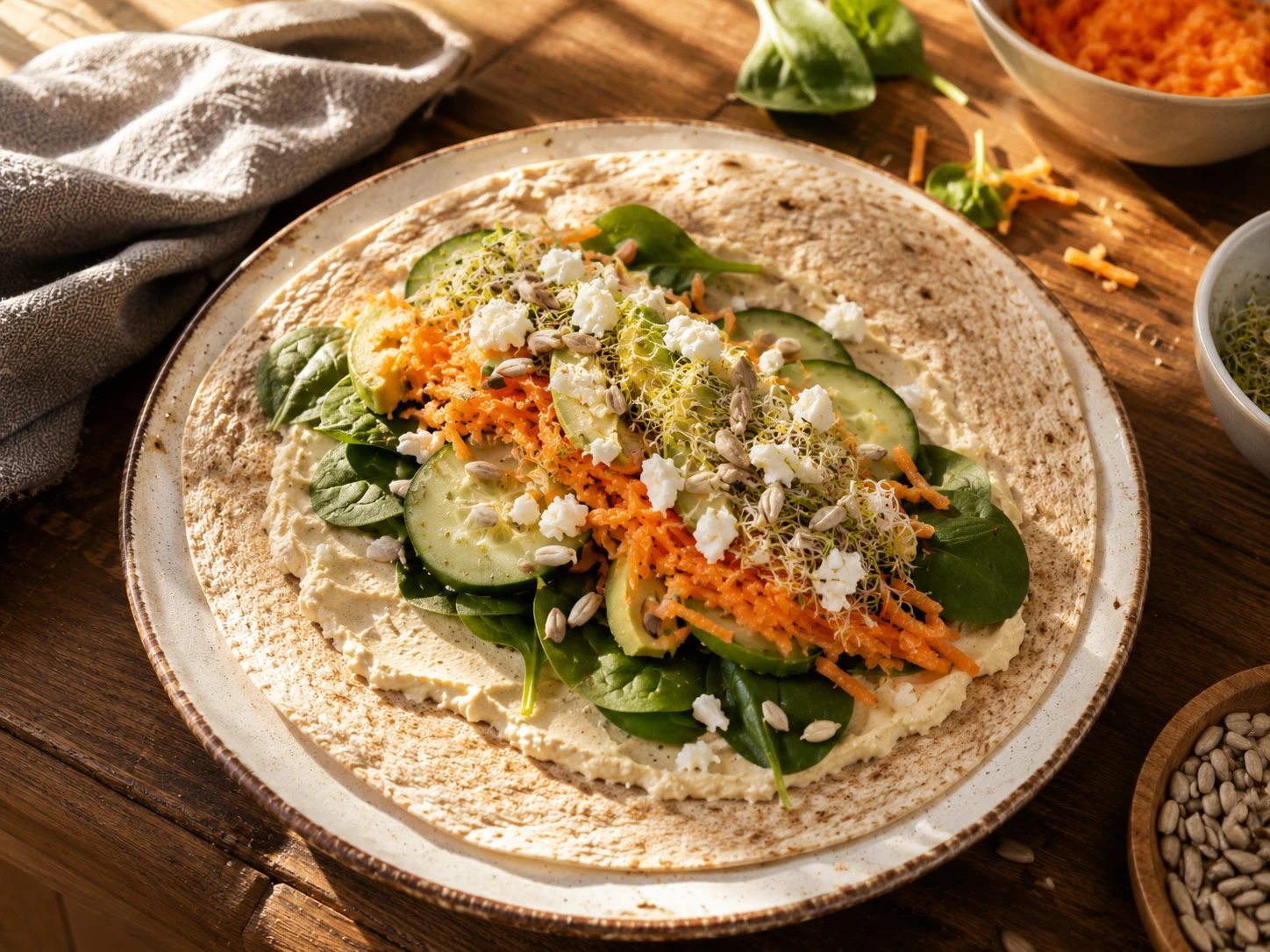 Veggie Hummus Protein Wrap preparation